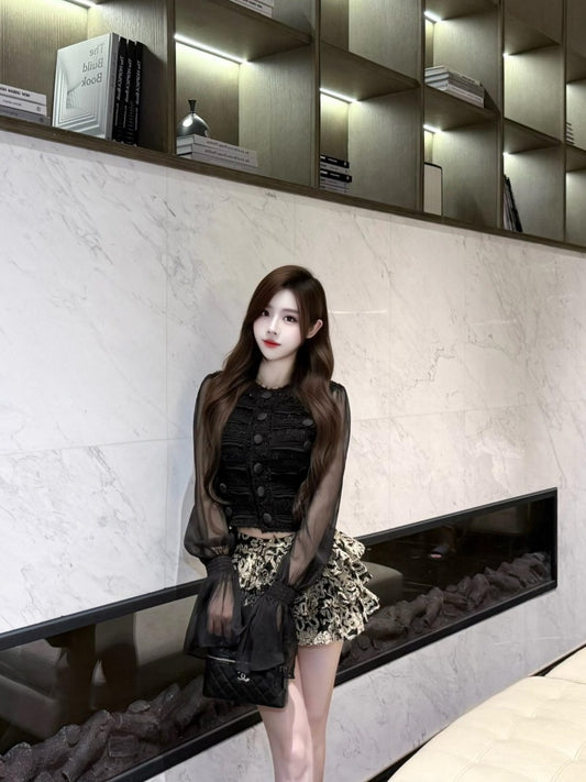 Hottie Jewel Neck Sheer Tulle Long Sleeve Mini Skirt Romantic 2-Piece Set A-Line Floral Short Dress AP4000