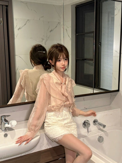 Casual Long Sleeve V Neck Ruffles Mini Skirt Playful Sheath 2-Piece Set Short Dress AP4001