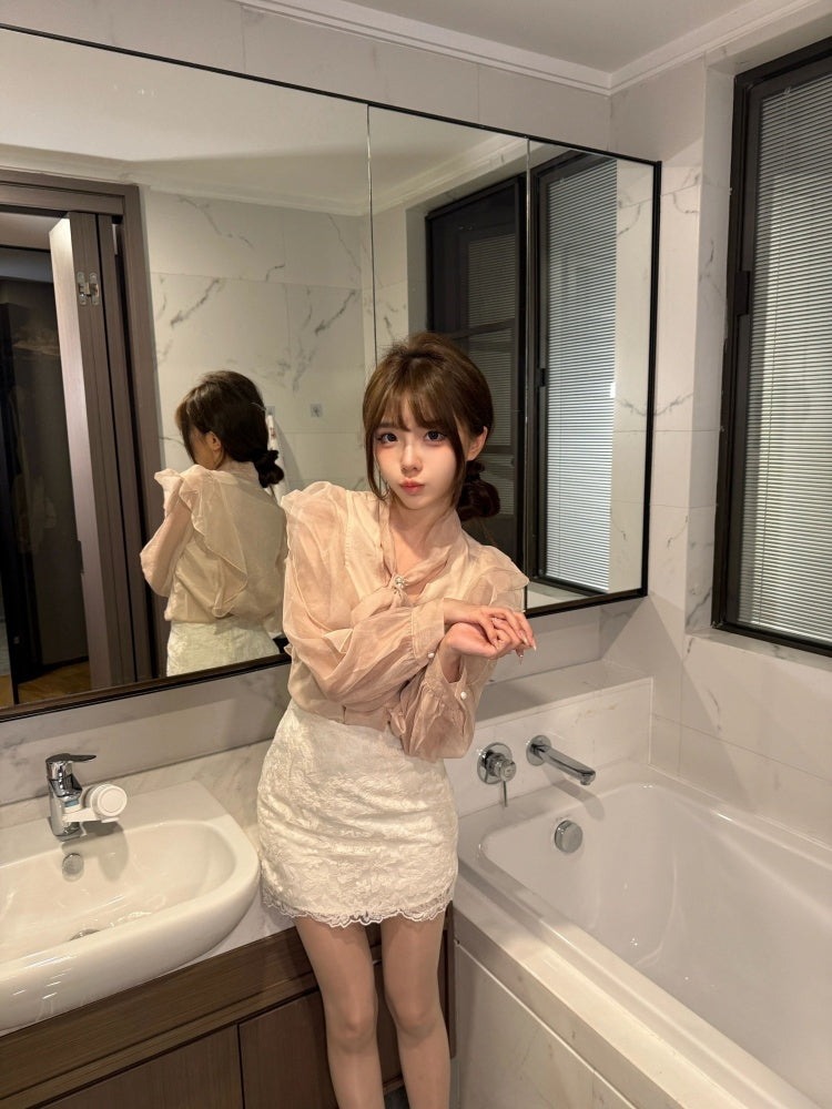 Casual Long Sleeve V Neck Ruffles Mini Skirt Playful Sheath 2-Piece Set Short Dress AP4001