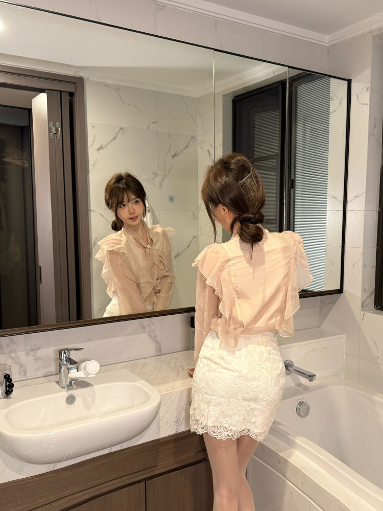 Casual Long Sleeve V Neck Ruffles Mini Skirt Playful Sheath 2-Piece Set Short Dress AP4001