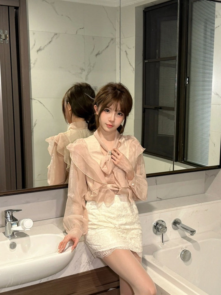 Casual Long Sleeve V Neck Ruffles Mini Skirt Playful Sheath 2-Piece Set Short Dress AP4001