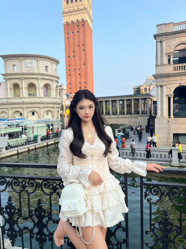 Y2K Style V Neck Long Sleeve Ruffles Mini Skirt With Bodice White 2-Piece Set A-Line Short Dress AP4002