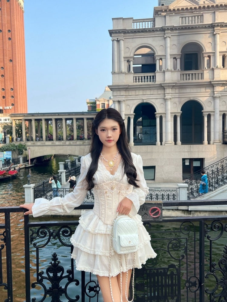 Y2K Style V Neck Long Sleeve Ruffles Mini Skirt With Bodice White 2-Piece Set A-Line Short Dress AP4002