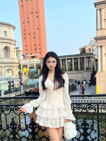 Y2K Style V Neck Long Sleeve Ruffles Mini Skirt With Bodice White 2-Piece Set A-Line Short Dress AP4002