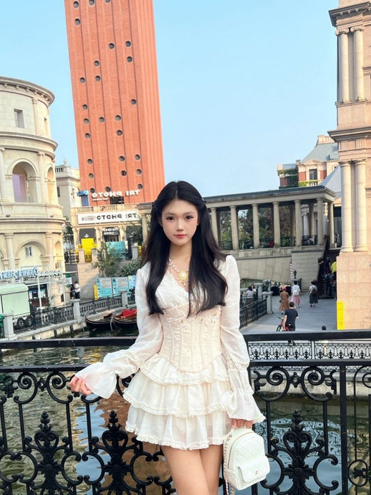 Y2K Style V Neck Long Sleeve Ruffles Mini Skirt With Bodice White 2-Piece Set A-Line Short Dress AP4002