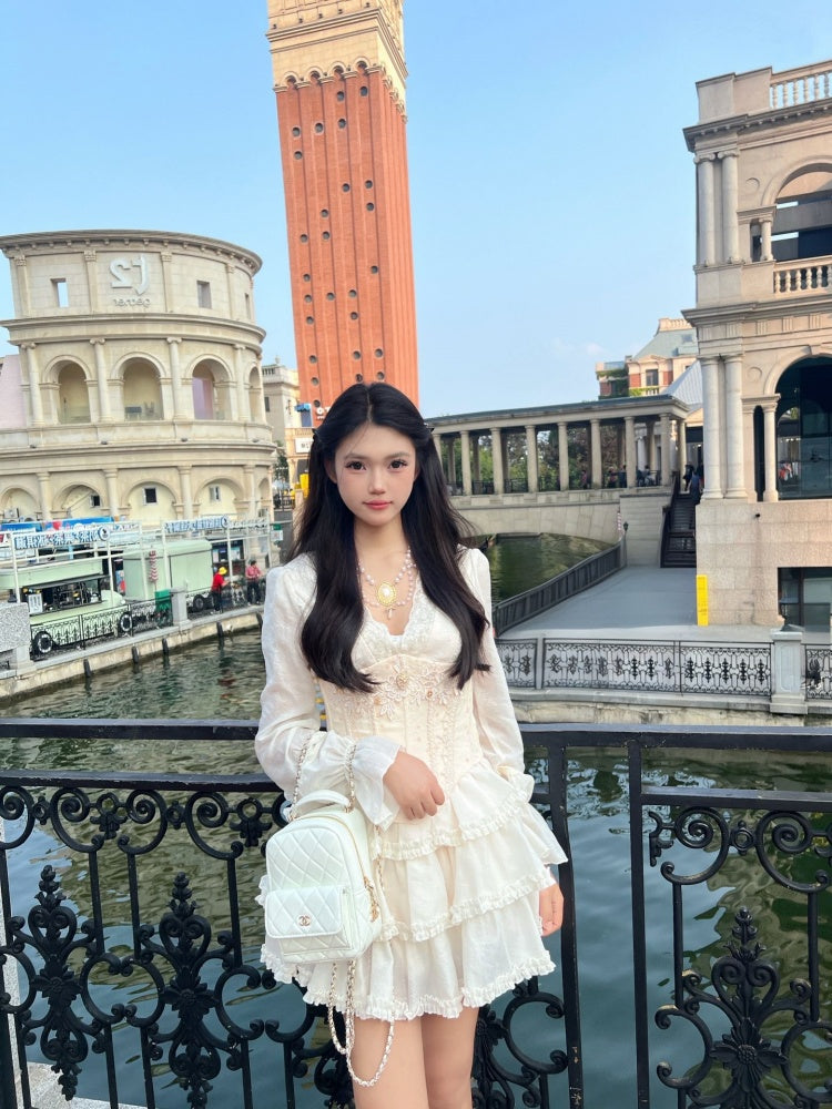 Y2K Style V Neck Long Sleeve Ruffles Mini Skirt With Bodice White 2-Piece Set A-Line Short Dress AP4002