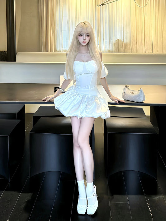 New Tendency White A-Line Mini Skirt Simple Cinched-Waist Flared Off-Shoulder Short Dress AP4003
