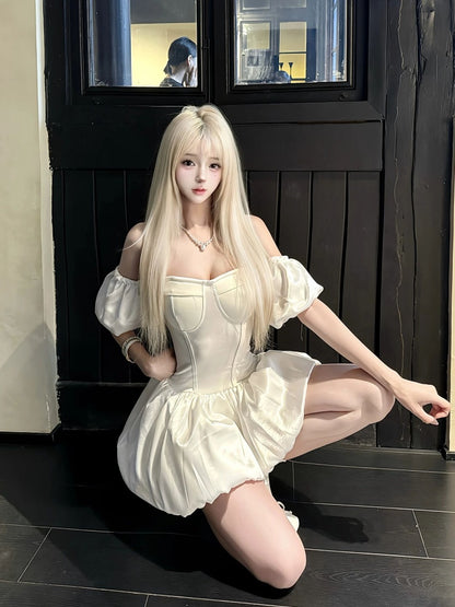 New Tendency White A-Line Mini Skirt Simple Cinched-Waist Flared Off-Shoulder Short Dress AP4003