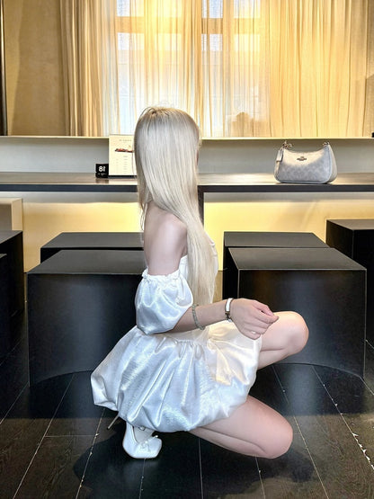 New Tendency White A-Line Mini Skirt Simple Cinched-Waist Flared Off-Shoulder Short Dress AP4003