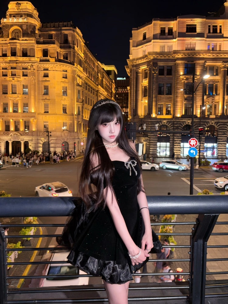 Fairy A-Line Bow Black Mini Skirt Glittering Off-Shoulder Ruffles Hem Short Dress AP4004