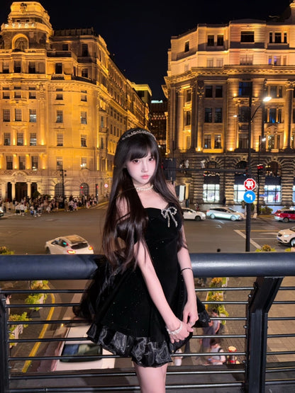 Fairy A-Line Bow Black Mini Skirt Glittering Off-Shoulder Ruffles Hem Short Dress AP4004