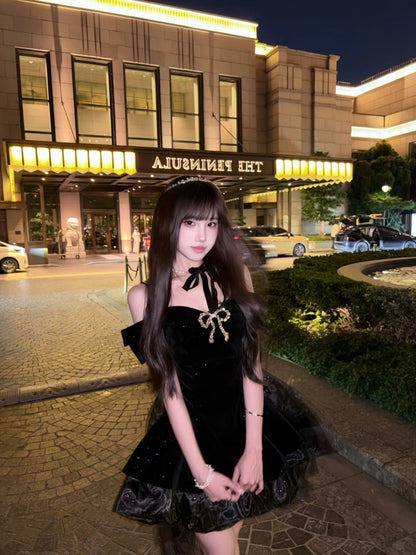 Fairy A-Line Bow Black Mini Skirt Glittering Off-Shoulder Ruffles Hem Short Dress AP4004