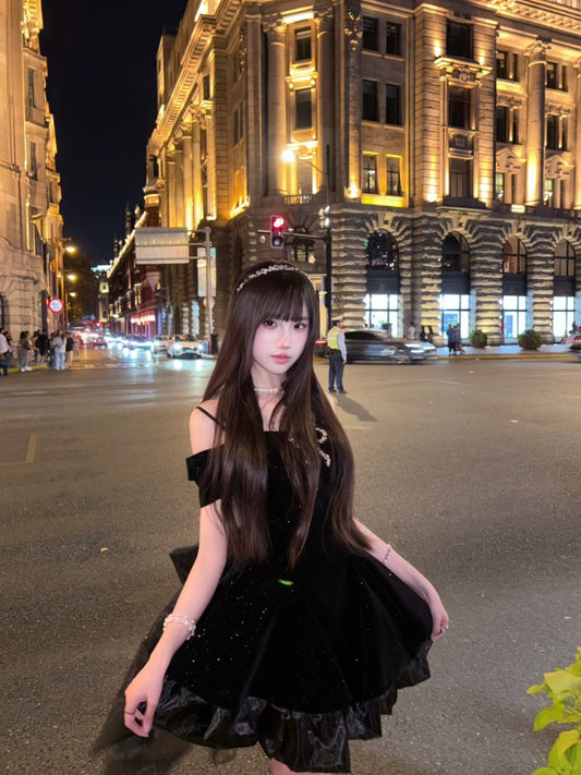 Fairy A-Line Bow Black Mini Skirt Glittering Off-Shoulder Ruffles Hem Short Dress AP4004