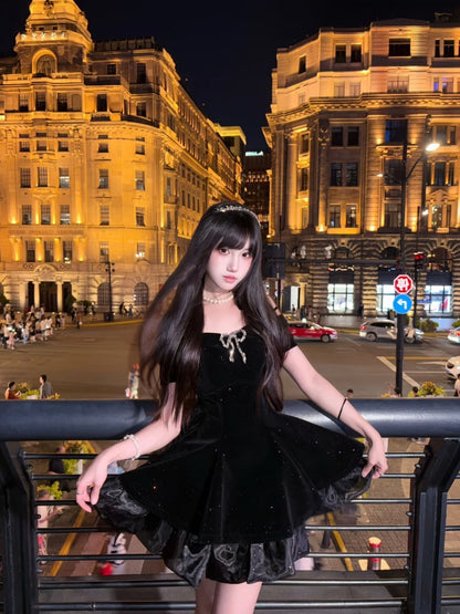 Fairy A-Line Bow Black Mini Skirt Glittering Off-Shoulder Ruffles Hem Short Dress AP4004