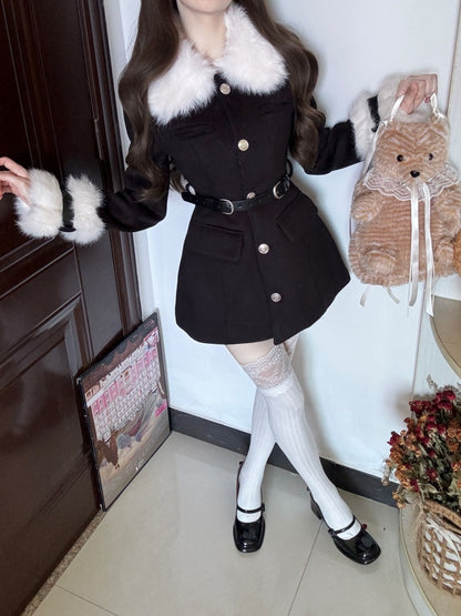 Everyday Wear Cinched-Waist V Neck Long Sleeve Mini Skirt Fur Trim 2-Piece Set A-Line Short Dress AP4005