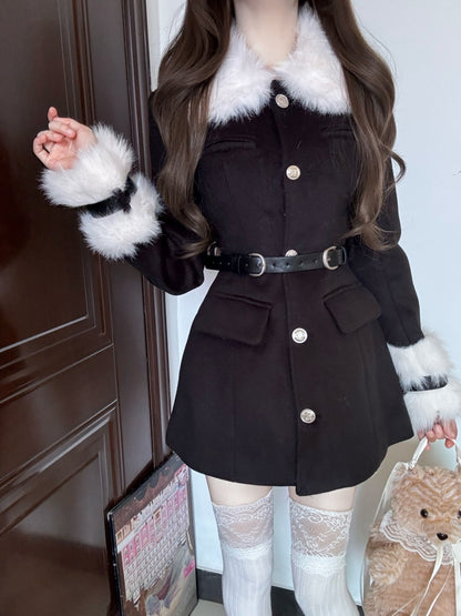 Everyday Wear Cinched-Waist V Neck Long Sleeve Mini Skirt Fur Trim 2-Piece Set A-Line Short Dress AP4005