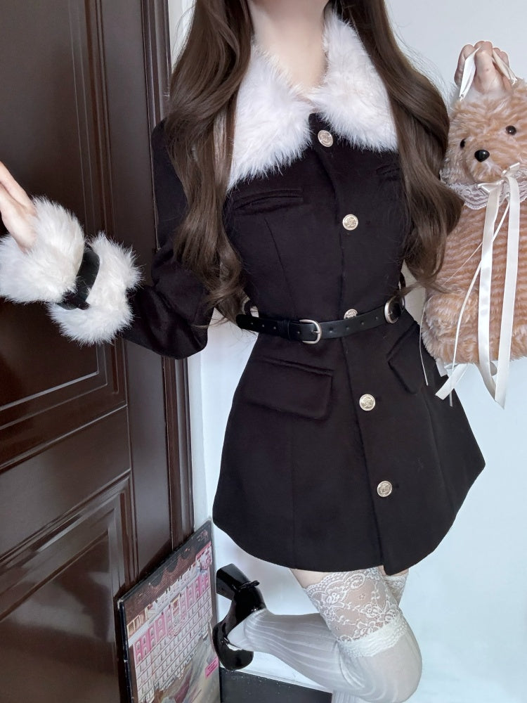 Everyday Wear Cinched-Waist V Neck Long Sleeve Mini Skirt Fur Trim 2-Piece Set A-Line Short Dress AP4005