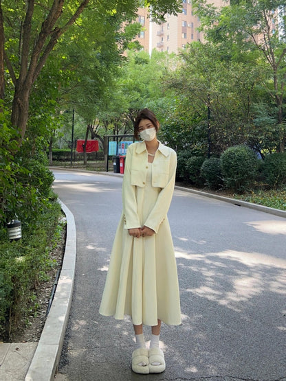 Boho-Inspired 2-Piece Set Cinched-Waist Maxi Dresses With Cardigan Casual Long Sleeve A-Line Long Dress AP4006