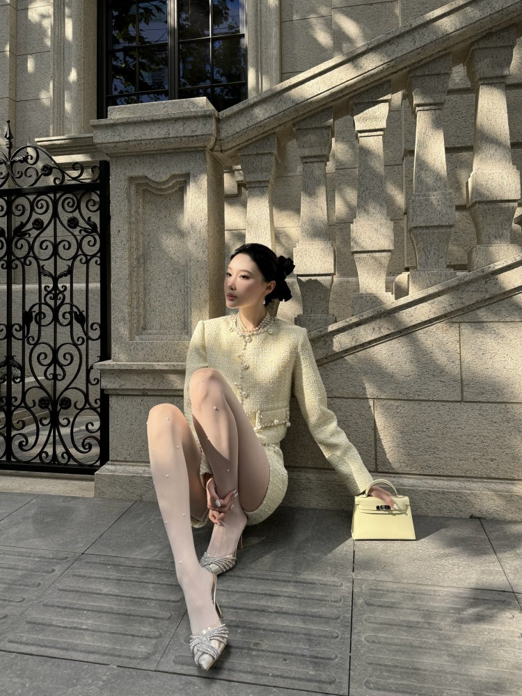 Exquisite Long Sleeve Jewel Neck Mini Skirt Lovely Sheath 2-Piece Set Beaded Short Dress AP4007