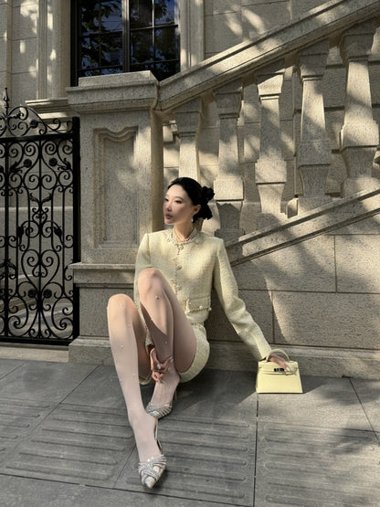 Exquisite Long Sleeve Jewel Neck Mini Skirt Lovely Sheath 2-Piece Set Beaded Short Dress AP4007