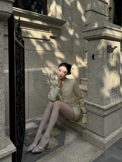 Exquisite Long Sleeve Jewel Neck Mini Skirt Lovely Sheath 2-Piece Set Beaded Short Dress AP4007