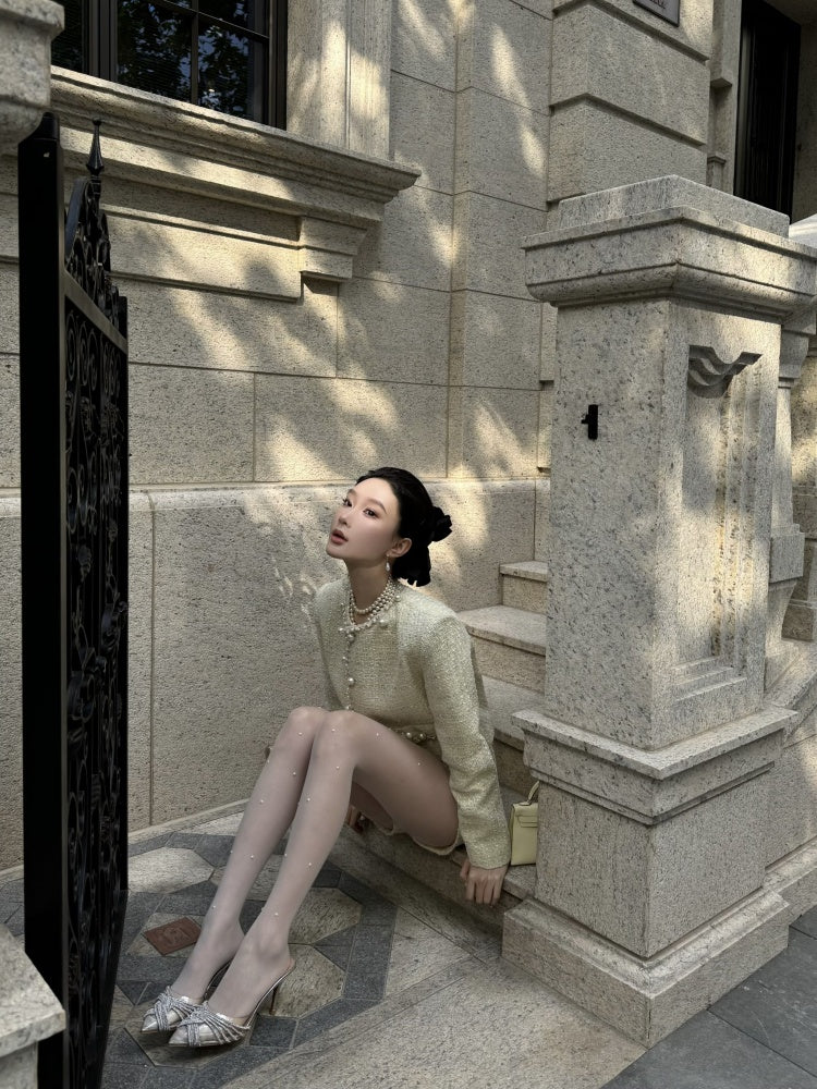 Exquisite Long Sleeve Jewel Neck Mini Skirt Lovely Sheath 2-Piece Set Beaded Short Dress AP4007