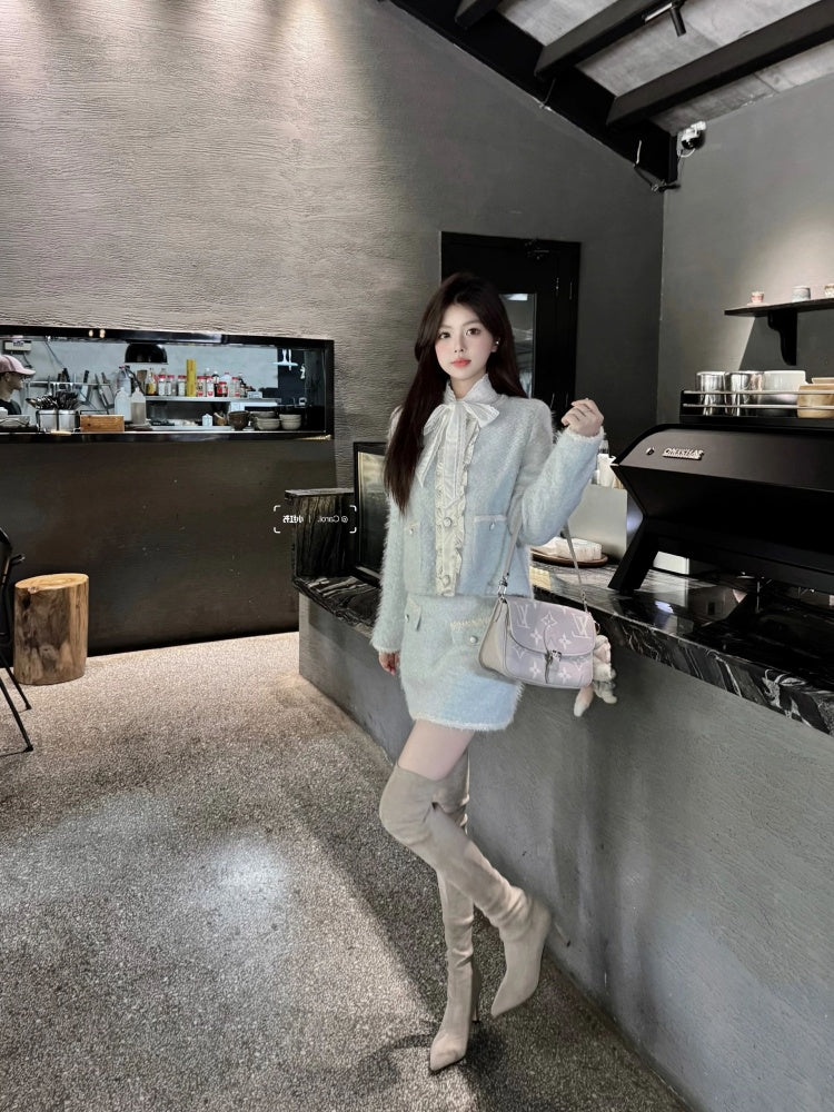 Lovely Long Sleeve Jewel Neck Mini Skirt With Pocket Furry Sheath 2-Piece Set Short Dress AP4008