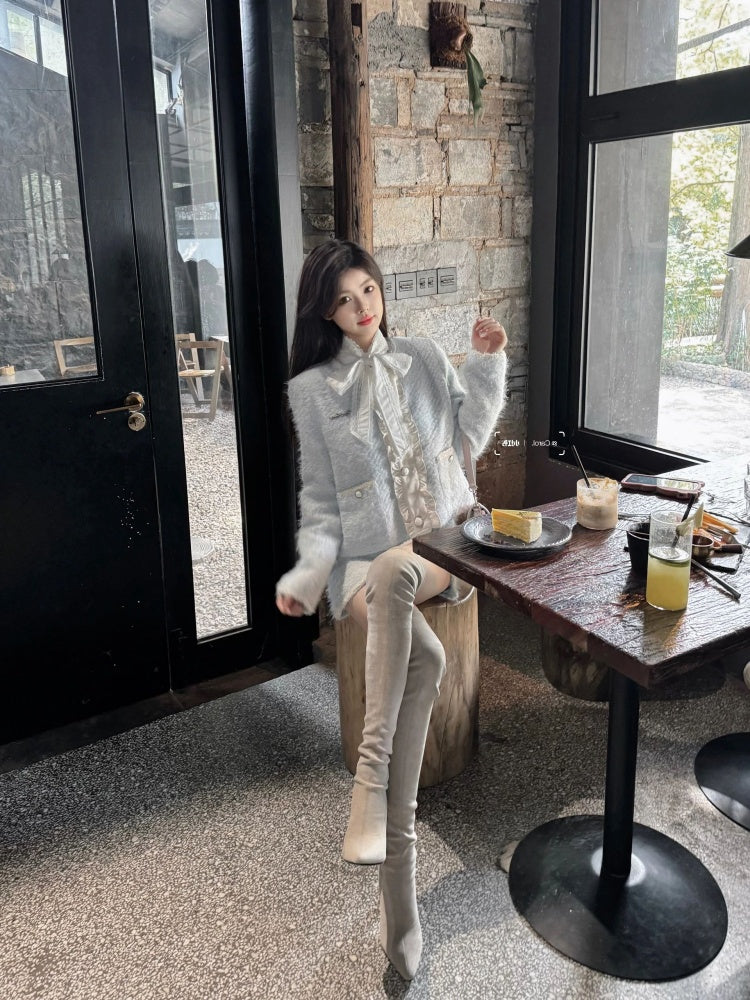 Lovely Long Sleeve Jewel Neck Mini Skirt With Pocket Furry Sheath 2-Piece Set Short Dress AP4008