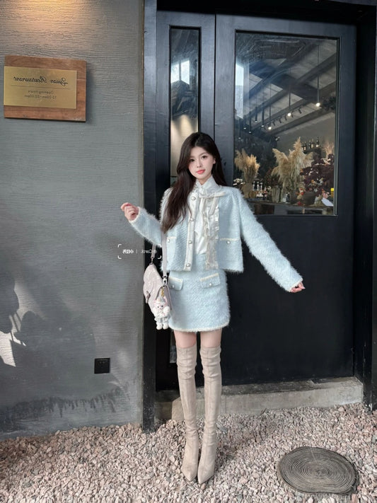 Lovely Long Sleeve Jewel Neck Mini Skirt With Pocket Furry Sheath 2-Piece Set Short Dress AP4008