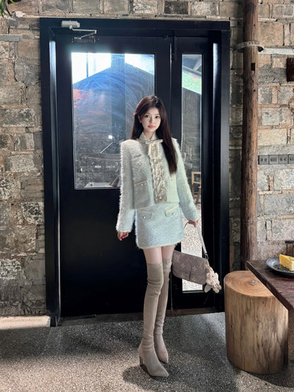 Lovely Long Sleeve Jewel Neck Mini Skirt With Pocket Furry Sheath 2-Piece Set Short Dress AP4008