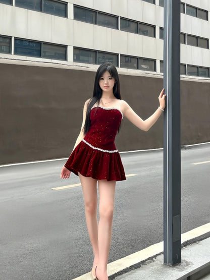 Refined A-Line Strapless Mini Skirt Lustrous Red Ruffles Short Dress AP4009