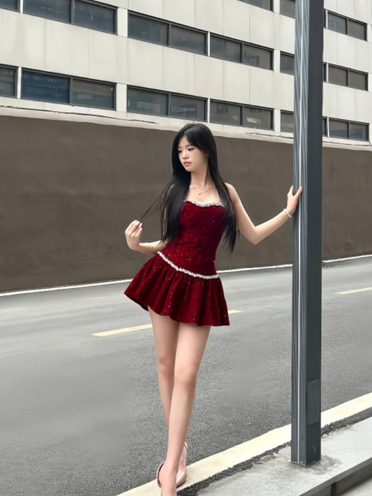 Refined A-Line Strapless Mini Skirt Lustrous Red Ruffles Short Dress AP4009
