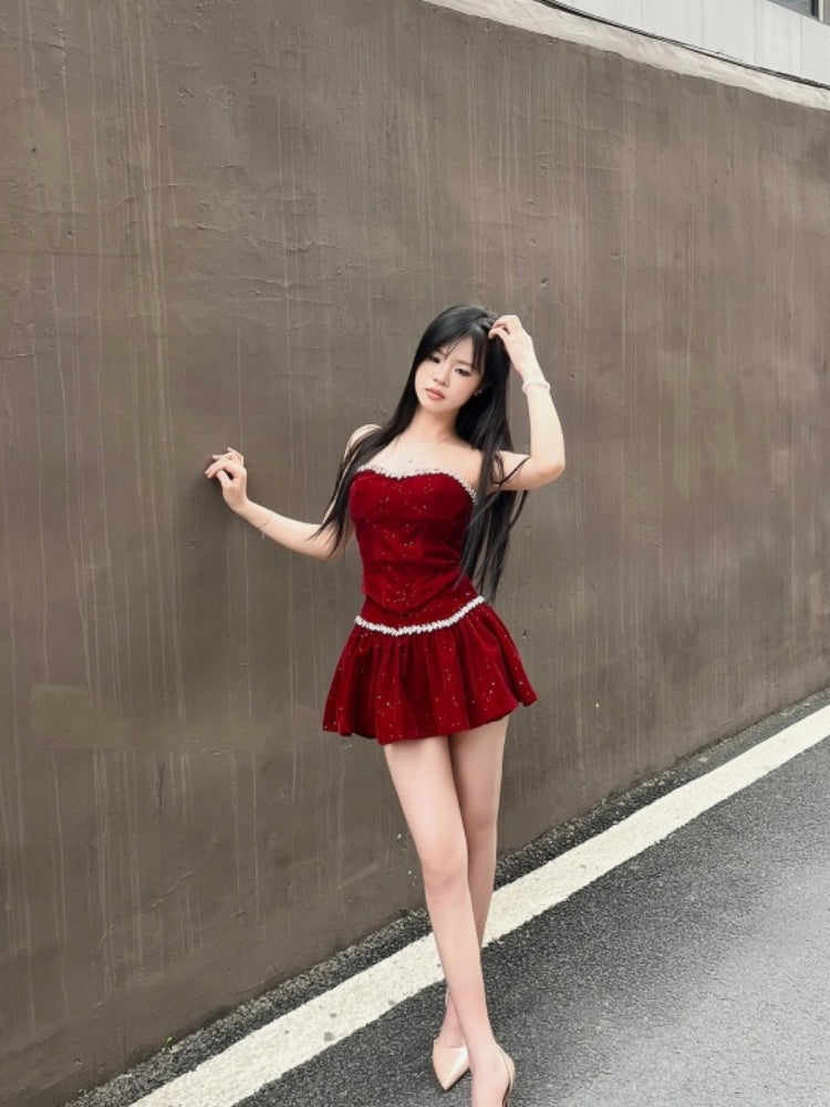 Refined A-Line Strapless Mini Skirt Lustrous Red Ruffles Short Dress AP4009