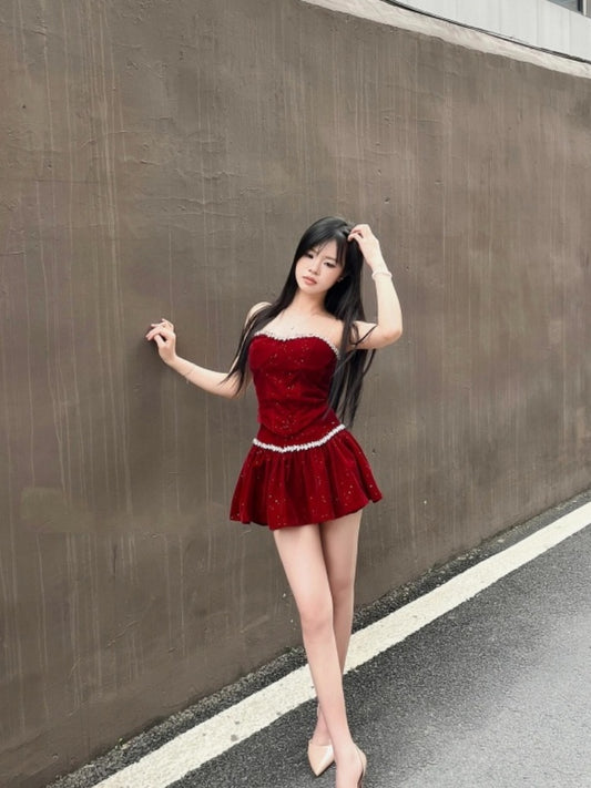 Refined A-Line Strapless Mini Skirt Lustrous Red Ruffles Short Dress AP4009