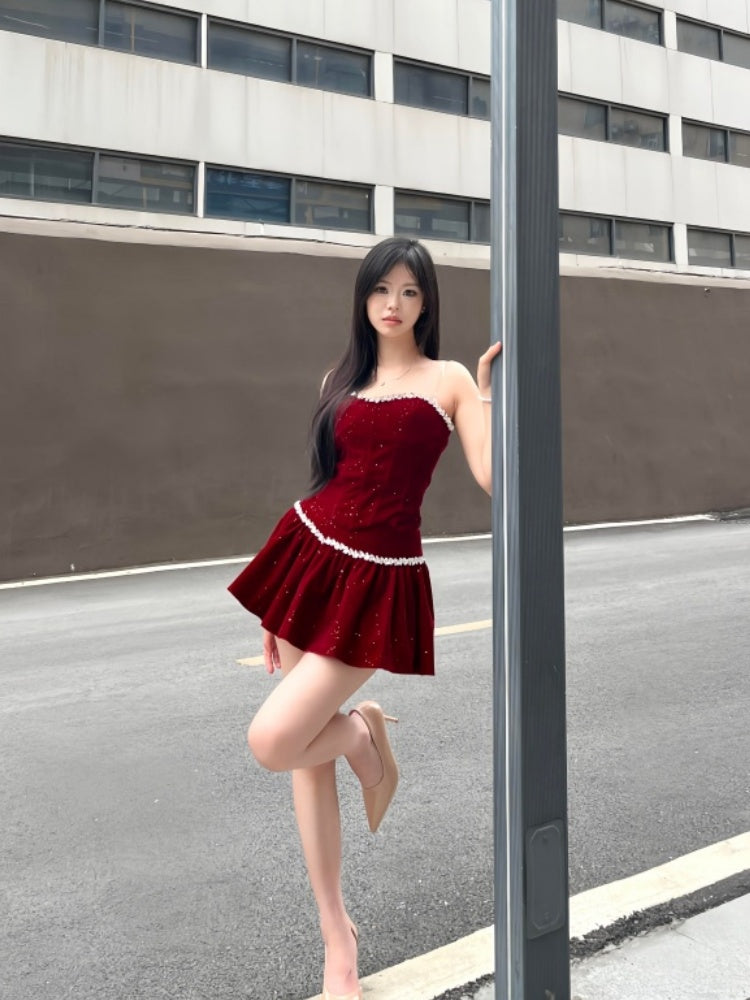 Refined A-Line Strapless Mini Skirt Lustrous Red Ruffles Short Dress AP4009