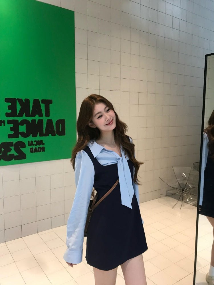 Beautiful Lapel Neck Long Sleeve Mini Skirt Casual A-Line Short Dress AP4010