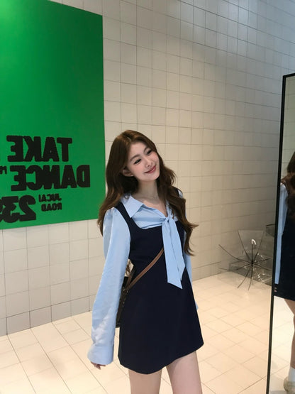 Beautiful Lapel Neck Long Sleeve Mini Skirt Casual A-Line Short Dress AP4010