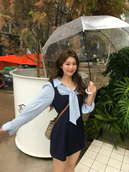 Beautiful Lapel Neck Long Sleeve Mini Skirt Casual A-Line Short Dress AP4010