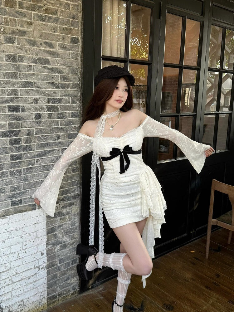 Enchanting Bodycon White Lace Splicing Mini Skirt Novelty Off-Shoulder Bow Long Sleeve Ruffles Short Dress AP4011