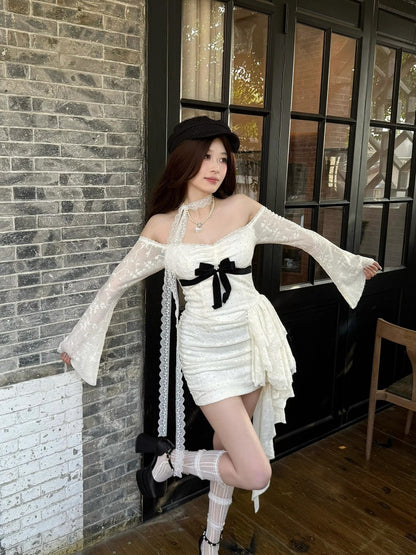Enchanting Bodycon White Lace Splicing Mini Skirt Novelty Off-Shoulder Bow Long Sleeve Ruffles Short Dress AP4011
