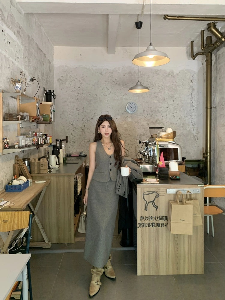 Superb Long Sleeve 3-Piece Set Maxi Dresses With Cardigan Charming V Neck Office Outfit A-Line Long Dress AP4012