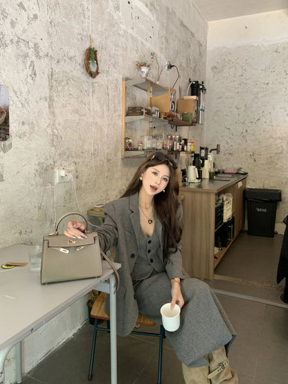 Superb Long Sleeve 3-Piece Set Maxi Dresses With Cardigan Charming V Neck Office Outfit A-Line Long Dress AP4012