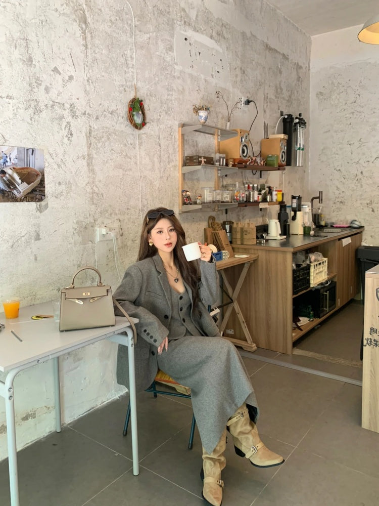 Superb Long Sleeve 3-Piece Set Maxi Dresses With Cardigan Charming V Neck Office Outfit A-Line Long Dress AP4012