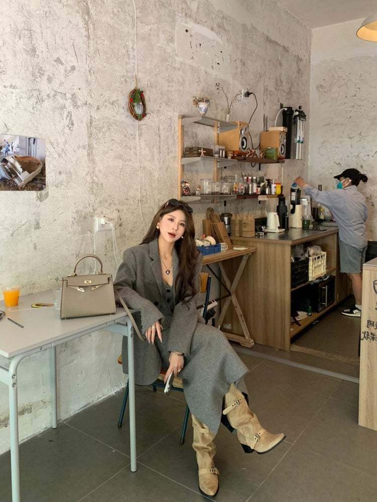 Superb Long Sleeve 3-Piece Set Maxi Dresses With Cardigan Charming V Neck Office Outfit A-Line Long Dress AP4012