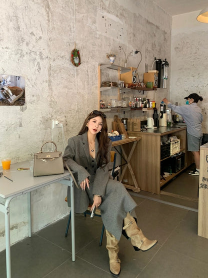 Superb Long Sleeve 3-Piece Set Maxi Dresses With Cardigan Charming V Neck Office Outfit A-Line Long Dress AP4012