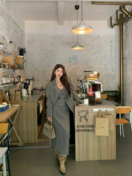 Superb Long Sleeve 3-Piece Set Maxi Dresses With Cardigan Charming V Neck Office Outfit A-Line Long Dress AP4012