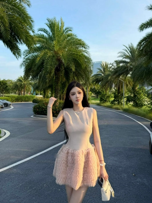 Amazing A-Line Jewel Neck Mini Skirt Cute Ruffles Hem Sleeveless Short Dress AP4014