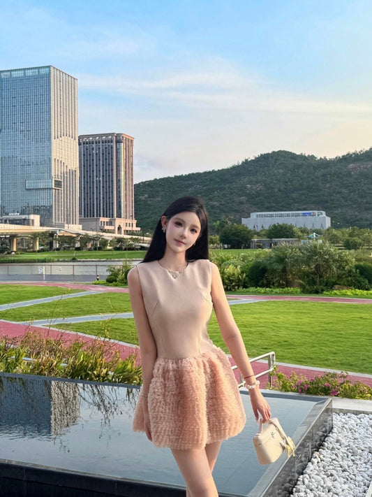 Amazing A-Line Jewel Neck Mini Skirt Cute Ruffles Hem Sleeveless Short Dress AP4014