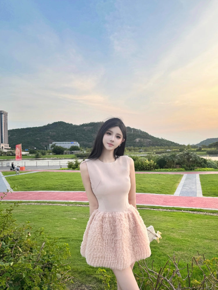 Amazing A-Line Jewel Neck Mini Skirt Cute Ruffles Hem Sleeveless Short Dress AP4014