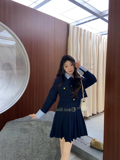 Fascinating Long Sleeve Jewel Neck Mini Skirt Vogue 2-Piece Set A-Line Short Dress AP4016